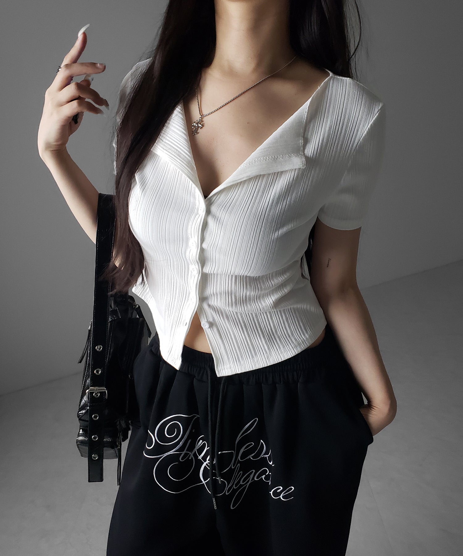 フロントボタン半袖リブカーデトップス ／ front button short sleeve lib cardigan tops