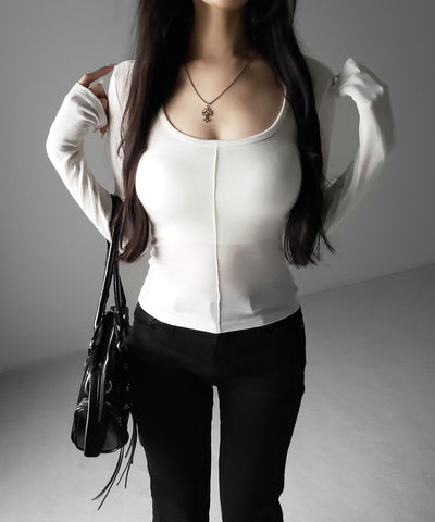 オープンネックタイトフィットルーズドレープ長袖Ｔシャツ ／ open neck tight fit loose drape long sleeve T-shirts