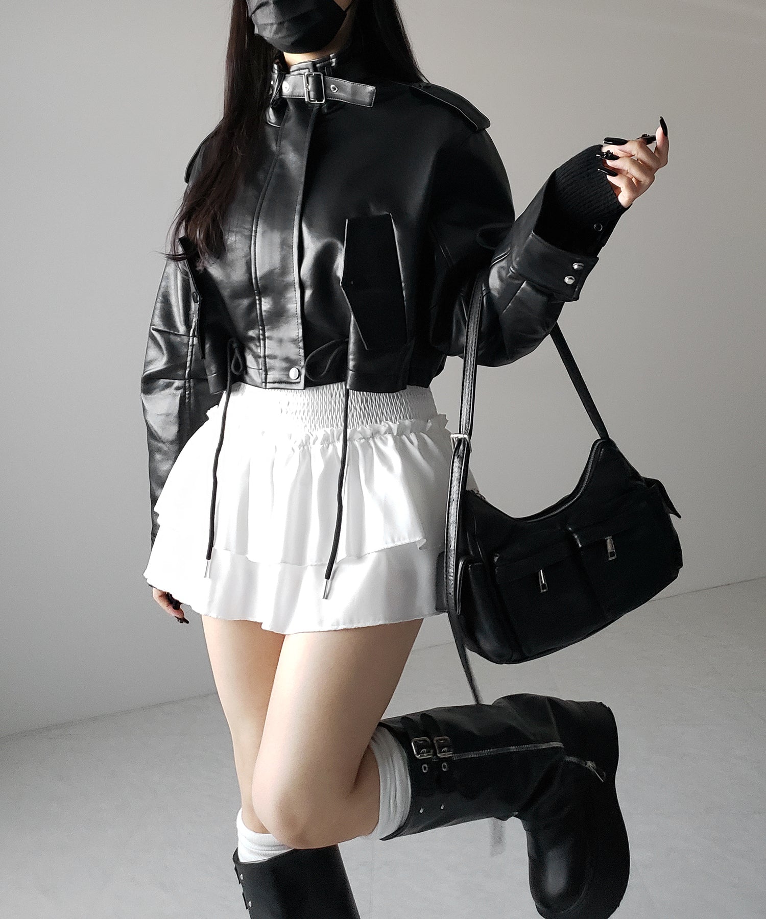 【 ２WAY 】スタンドカラーベルテッドフェイクレザーショートブルゾン ／ stand collar belted fake leather short blouson