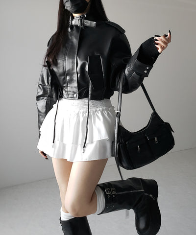【 ２WAY 】スタンドカラーベルテッドフェイクレザーショートブルゾン ／ stand collar belted fake leather short blouson