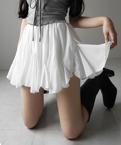 【 ２color ／インパン裏地付き 】ハイウエストドレープフレアミニスカート ／ high waist draped flare mini skirt