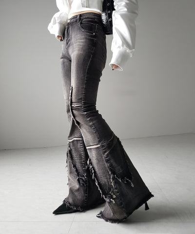 【 ２color ／ ４size 】クロスデザインヴィンテージライクフリンジストレッチフレアデニム ／ cross design vintage-like fringe stretch flare denim