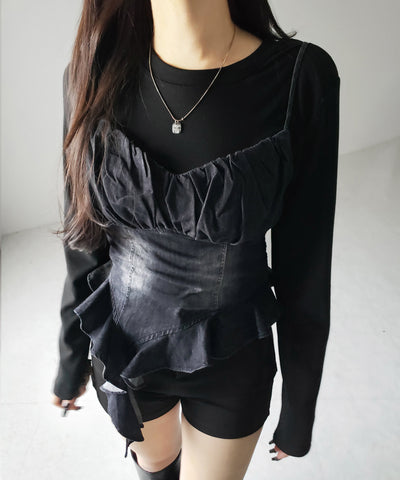 【 ２点セット 】ヴィンテージデニムビスチェ ＆ レイヤードＴシャツセット ／ vintage denim bustier & layered Ｔ-shirts set