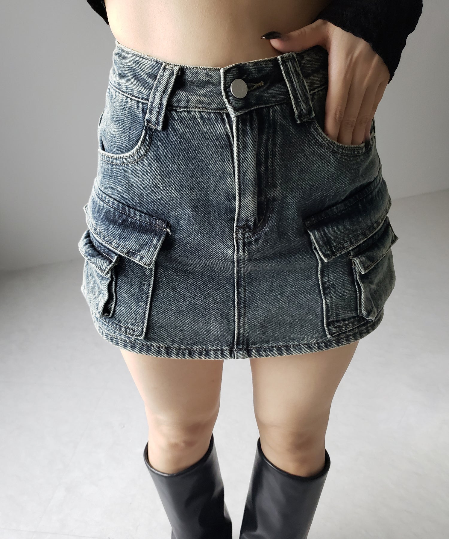 【 ３size ／ ２color 】ダブルポケットヴィンテージカーゴデニムミニスカパン ／ double pocket vintage cargo denim mini skirt pants