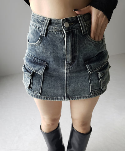 【 ３size ／ ２color 】ダブルポケットヴィンテージカーゴデニムミニスカパン ／ double pocket vintage cargo denim mini skirt pants