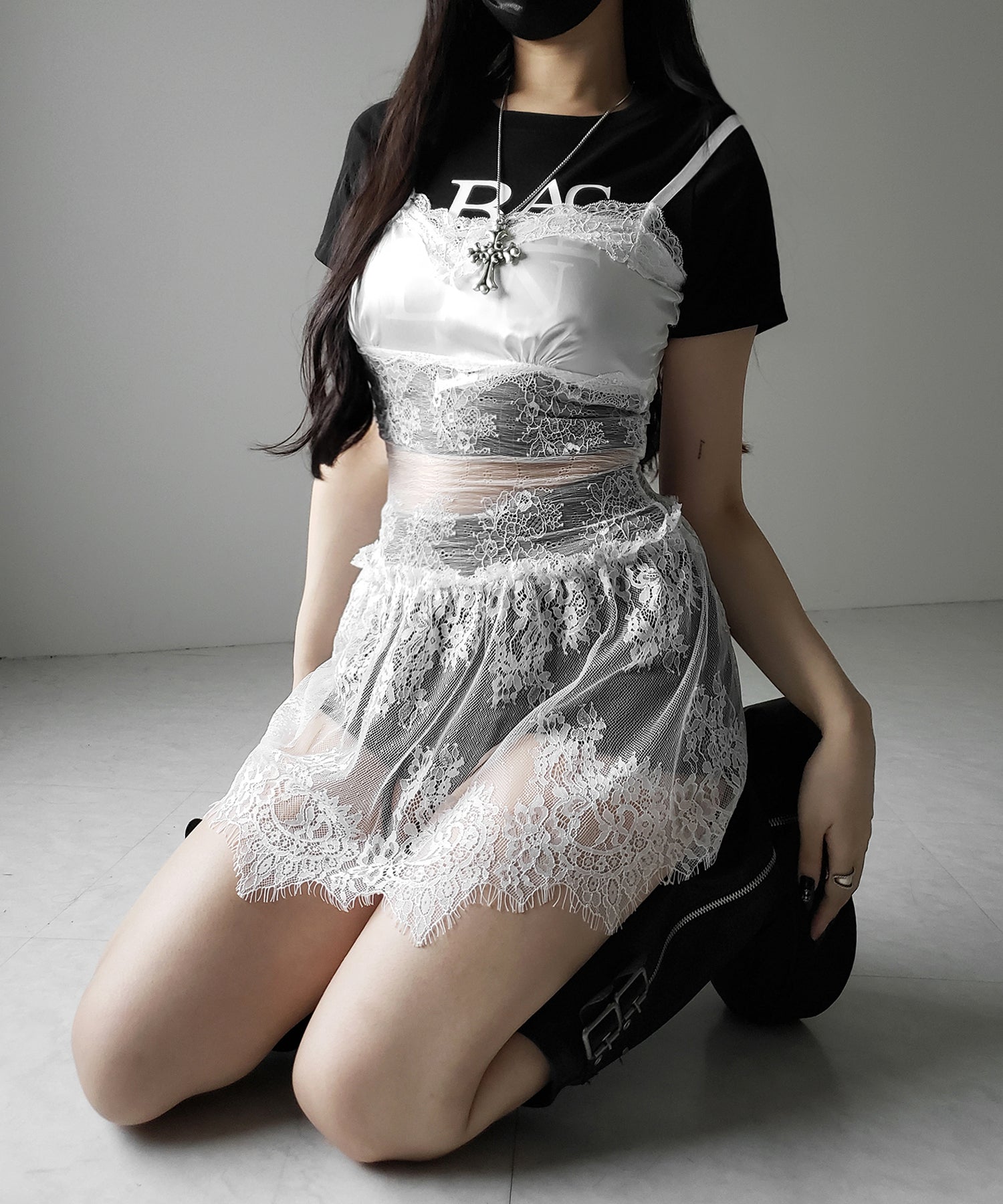 【 ２color 】サテンレースドッキングランジェリーチュニックキャミソール ／ satin lace docking lingerie tunic camisole