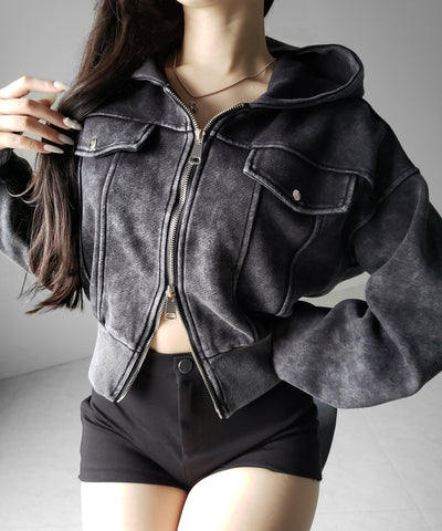 ピグメントダブルジップショートパーカー ／ pigment double zip short hoodie