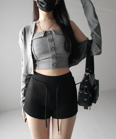 【 2点セット 】フロントボタンベアトップ ＋ クロップドカットソーカーディガン SET ／ front button bare top + cropped cutsaw cardigan SET