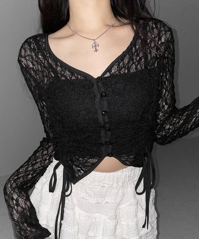 ダブルシャーリングショートレースカーディガン ／ double shirring short lace cardigan