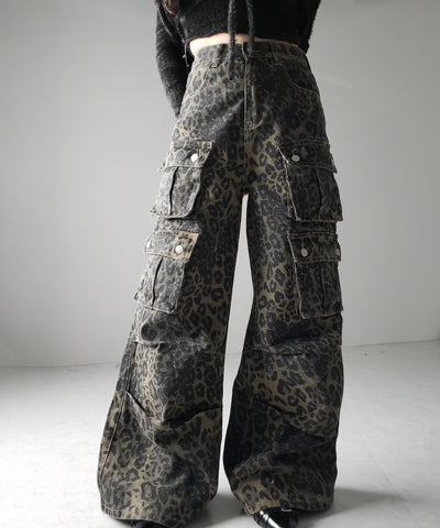 【 ２color ／ ４size 】レオパードヴィンテージタックワイドカーゴデニム ／ leopard vintage tuck wide cargo denim