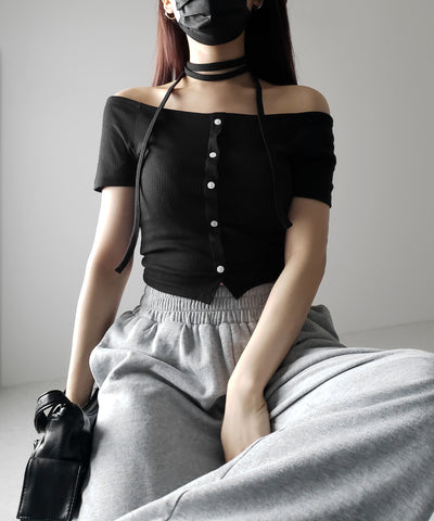 【 ２WAY 】ストラップリボンオフショルダーリブトップス ／ strap ribbon off shoulder rib tops