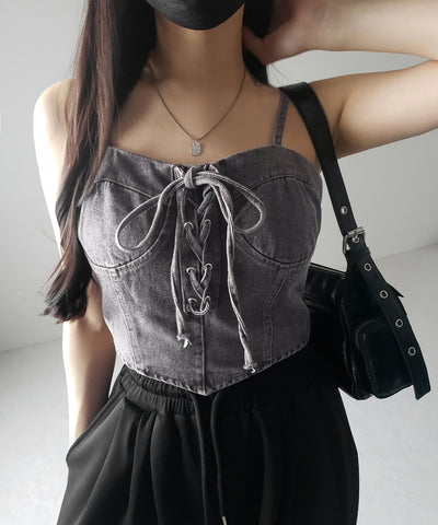 【 ２color 】レースアップリボンコルセットデニムビスチェ ／ lace up ribbon corset denim bustier