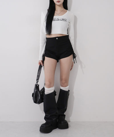 レタリングロゴ刺繍スクエアネックショートリブニットトップス ／ lettering logo embroidery square neck short rib knit tops