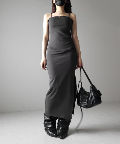 【 パッド付き 】バックストラップサイドシャーリングスリットロングキャミワンピース ／ back strap side shirring slit long cami onepiece