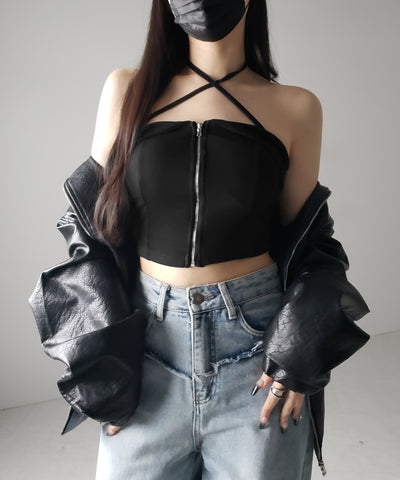 【 ２WAY／ カップ付 】ジップアップクロスストラップリボンベアトップス ／ zip up cross strap ribbon bare tops