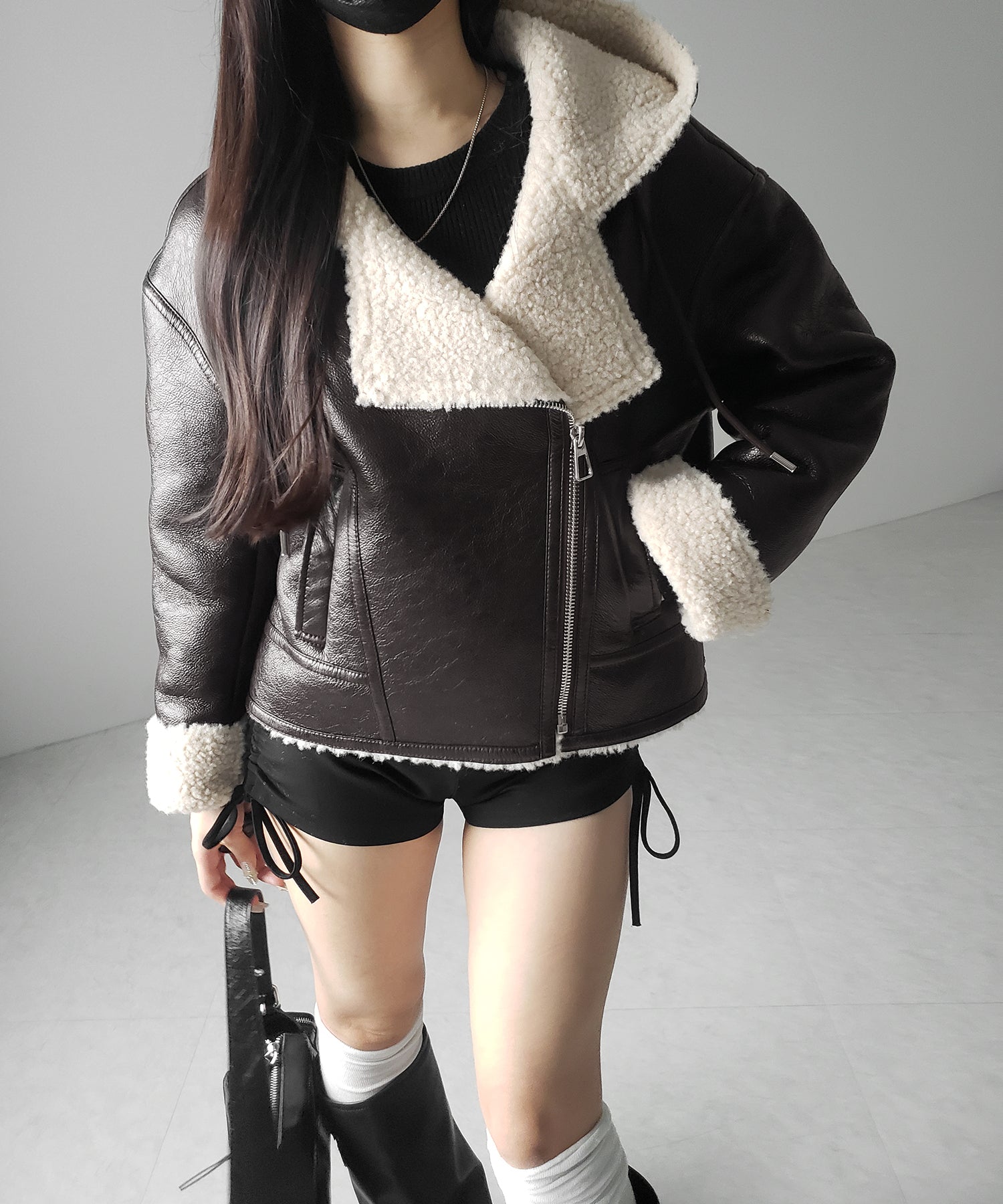 ヴィンテージレザーフーディボアムートンジャケット ／ vintage leather hoodie boa mouton jacket