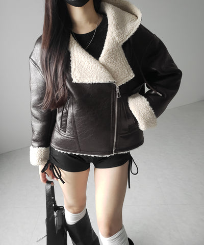 ヴィンテージレザーフーディボアムートンジャケット ／ vintage leather hoodie boa mouton jacket