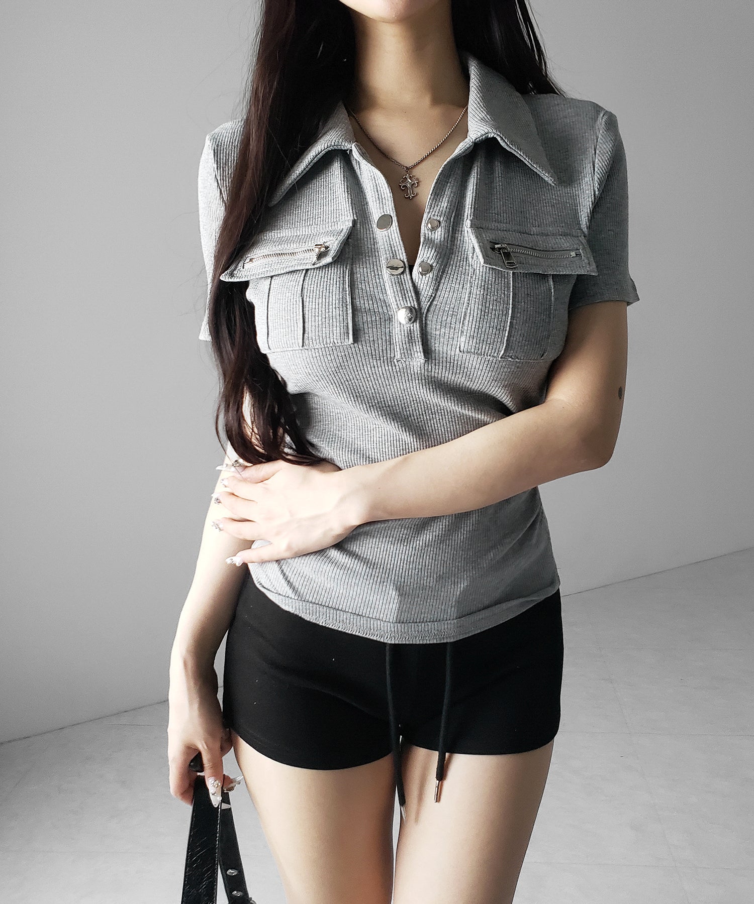 アウトポケットポロネックリブカットソートップス ／ out pocket polo neck rib cutsew tops