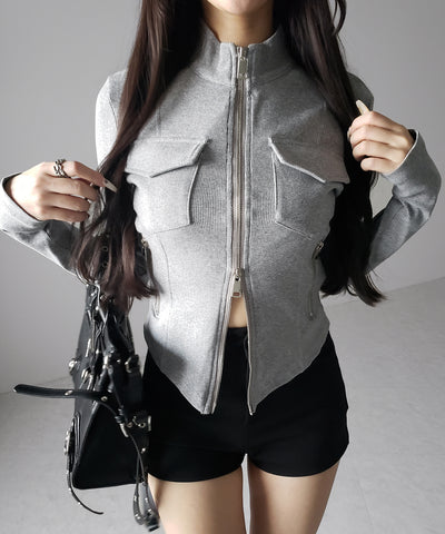 アウトポケットダブルジップスリムリブトップス ／ out pocket double zip slim ribbed tops