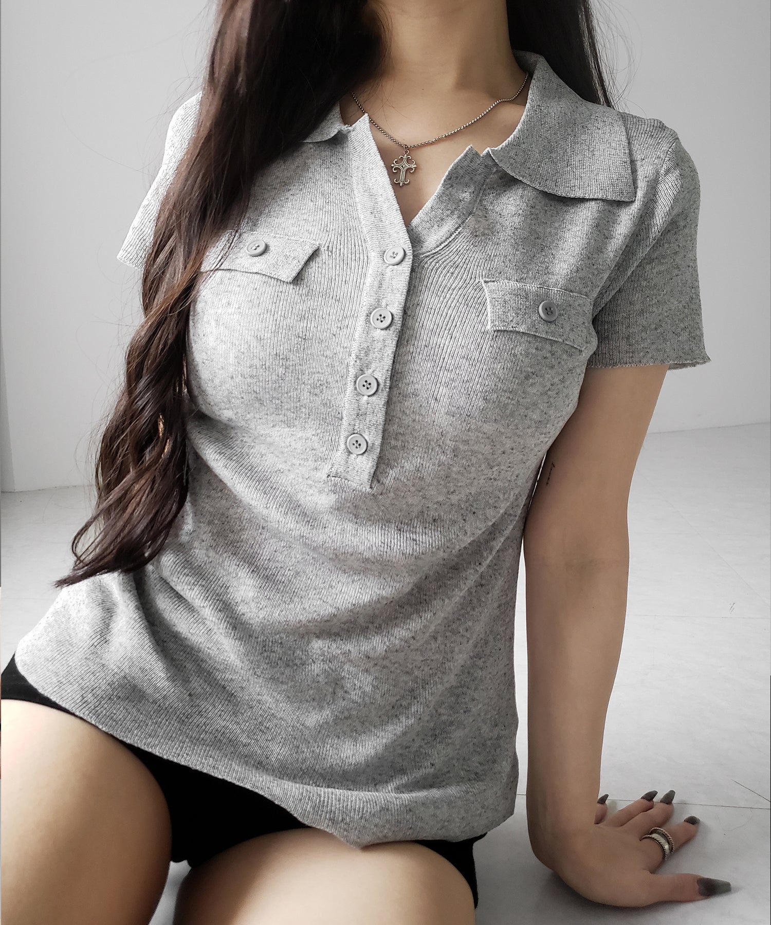 スキッパーボタンロングシアーニットトップス ／ skipper button long sheer knit tops