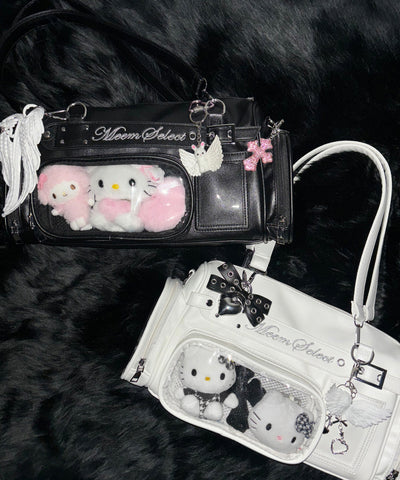 クリアポケット付きレタリング刺繍ショルダーバッグ ／ clear pocket lettering embroidery shoulder bag