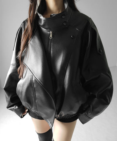 ヴィンテージフェイクレザースタンドカラージップアップブルゾン ／ 2WAY vintage fake leather stand collar zipup blouson