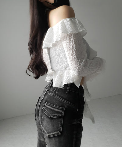 【 ２color 】クロスストラップリボンオフショルダーフリルブラウス ／ cross strap ribbon off shoulder frill blouse