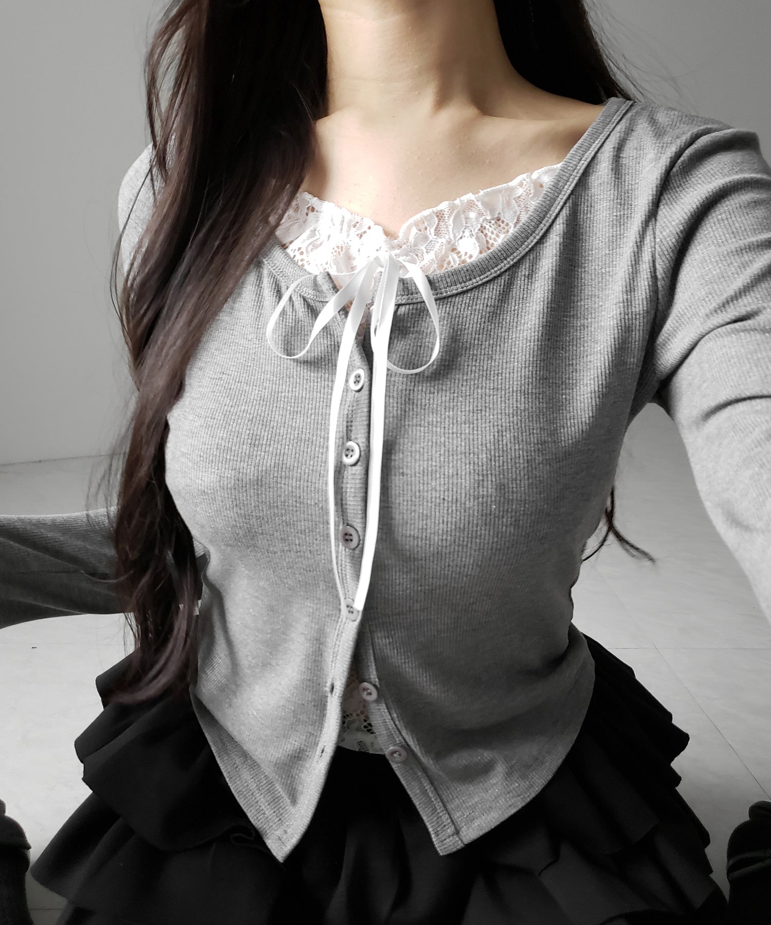 フロントリボンレースレイヤード長袖リブカーディガン ／front ribbon lace layered long-sleeve rib cardigan