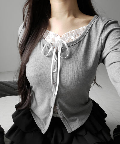 フロントリボンレースレイヤード長袖リブカーディガン ／front ribbon lace layered long-sleeve rib cardigan