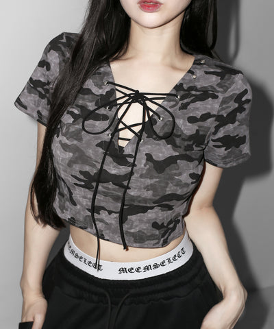 ヴィンテージカモフラレースアップショートＴシャツ　／ Vintage camouflage lace-up short T-shirt