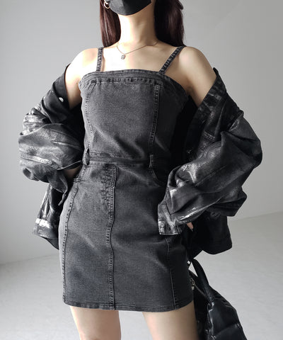 【 ２color 】ウォッシュデニムハイウエストミニキャミワンピース ／ wash denim high waist mini cami onepiece