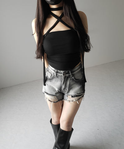 【 ３color ／ カップ付 】ロングチョーカークロスネックキャミソール ／ long choker cross neck camisole