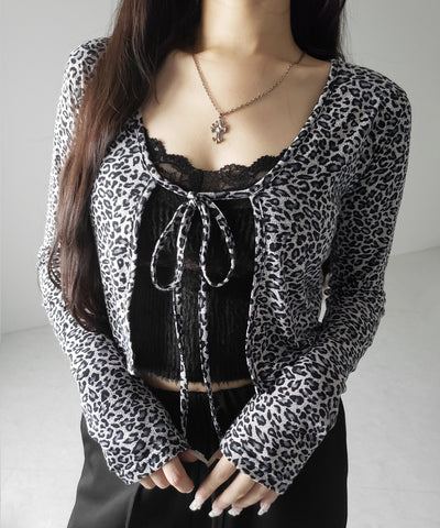 レオパードフロントリボンショートカーディガン ／ Leopard front ribbon short cardigan