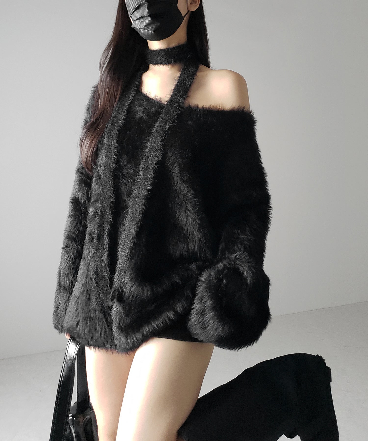 【 ２color 】チョーカータイ付きルーズシャギーニット ／ choker tie set loose shaggy knit