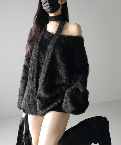 【 ２color 】チョーカータイ付きルーズシャギーニット ／ choker tie set loose shaggy knit