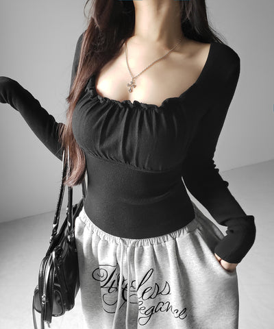 フリルギャザースクエアネック長袖ニットトップス ／ frill gather square neck longsleeve knit tops