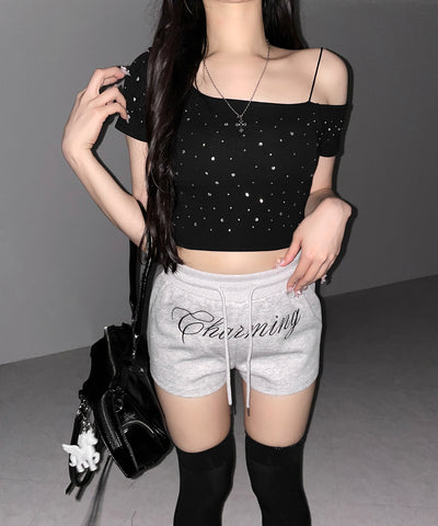 ラインストーンワンショルダーショートTシャツ ／ Rhine stone one shoulder short T-shirts