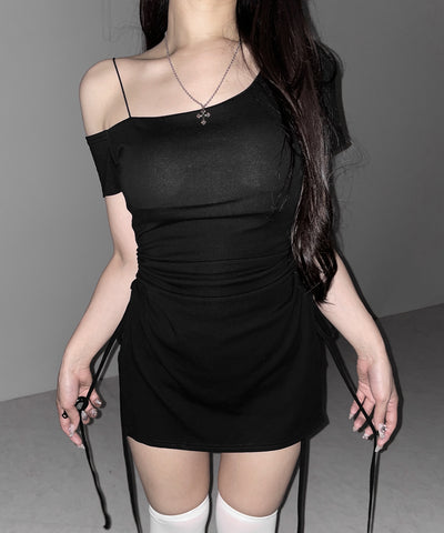 【 セットアップ 】ダブルシャーリングリボンワンショルミニワンピ＋ショートパンツ SET ／ 【 SETUP 】double shirring ribbon one-Shoulder mini onepiece + short pants SET