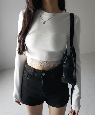 【 裏起毛 】裾レースドッキングショートＴシャツ ／ hem lace docking short Tee
