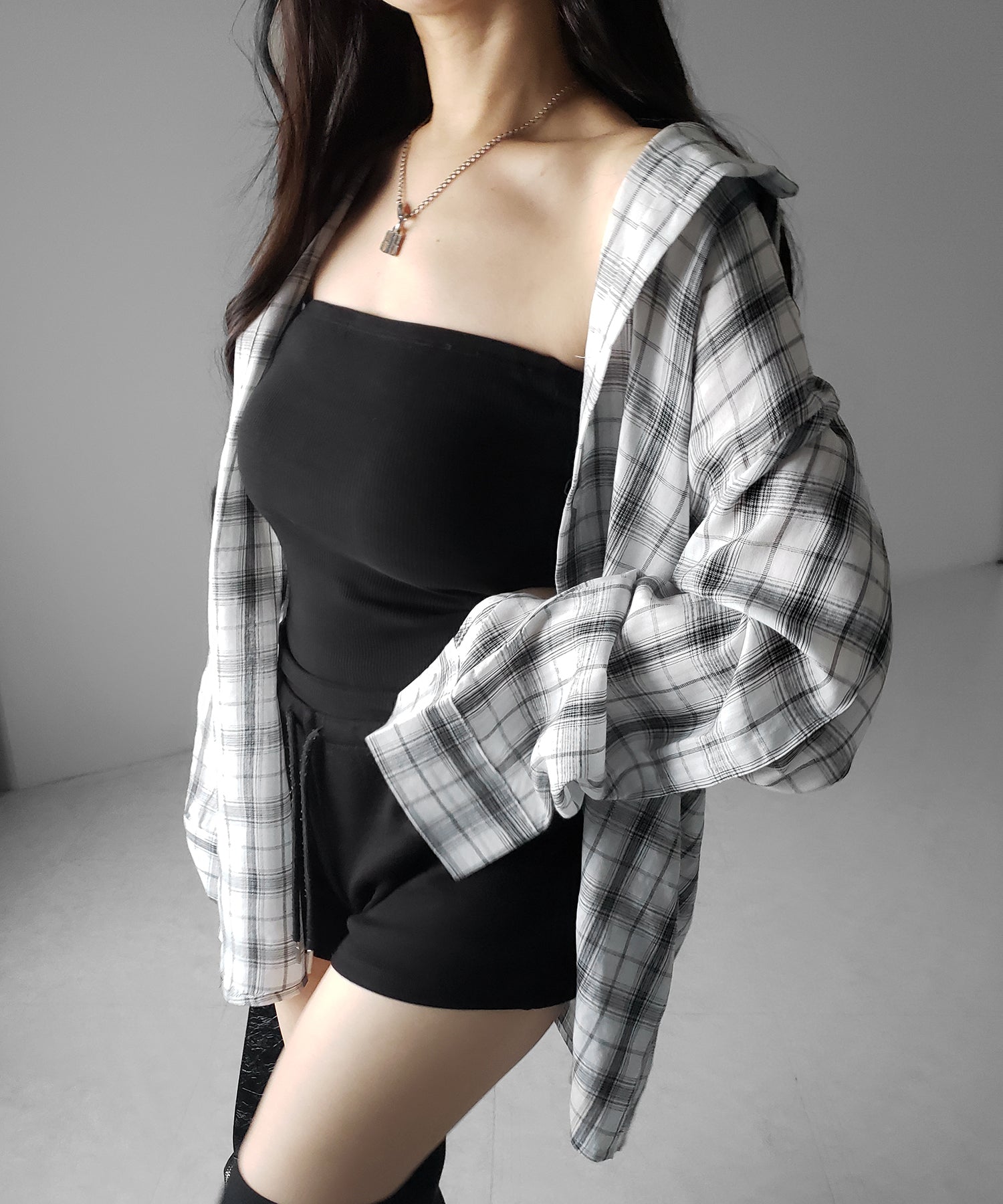 ビッグシルエットブラックシアーチェックシャツ ／ big silhouette black sheer check shirt