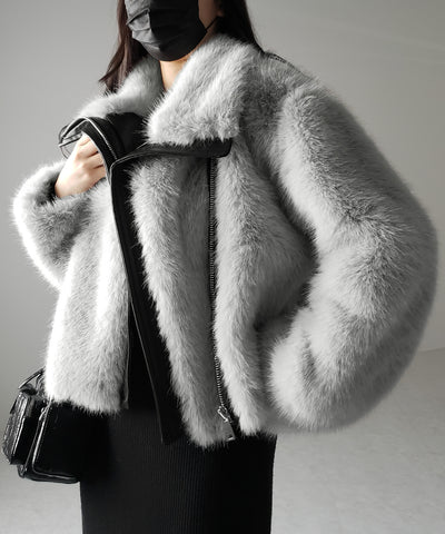 【 ２WAY 】ジップアップレザードッキングフェイクファーコート ／ zip up leather docking fake fur coat