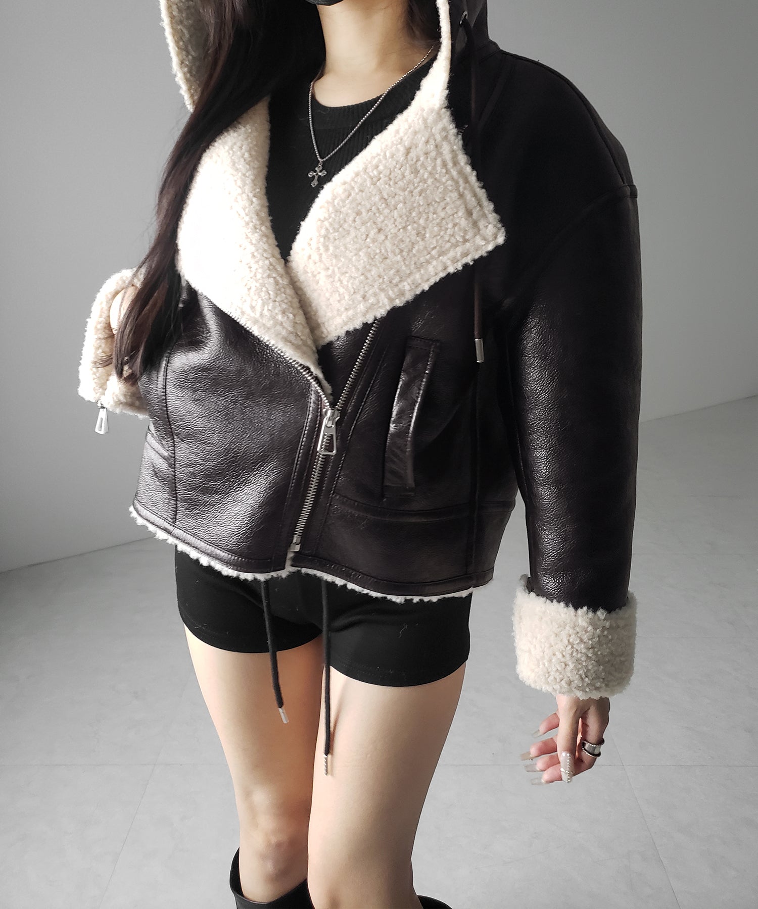 ヴィンテージレザーフーディボアムートンジャケット ／ vintage leather hoodie boa mouton jacket