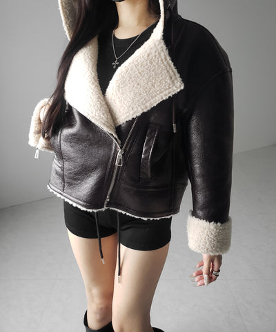 ヴィンテージレザーフーディボアムートンジャケット ／ vintage leather hoodie boa mouton jacket