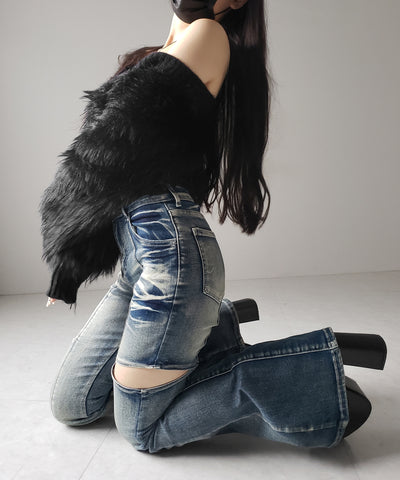 【 ２color ／ ３size 】カットアウトヴィンテージストレッチフレアデニム ／ cutout vintage stretch flare denim