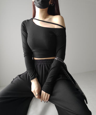 【 ３color 】ストラップワンショルダーショートカットソートップス ／ strap one shoulder short cutsew tops