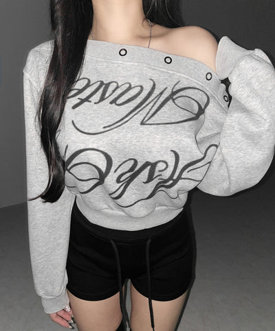 レタリングロゴワンショルスウェットトップス ／ Lettering logo one-shoulder sweat tops
