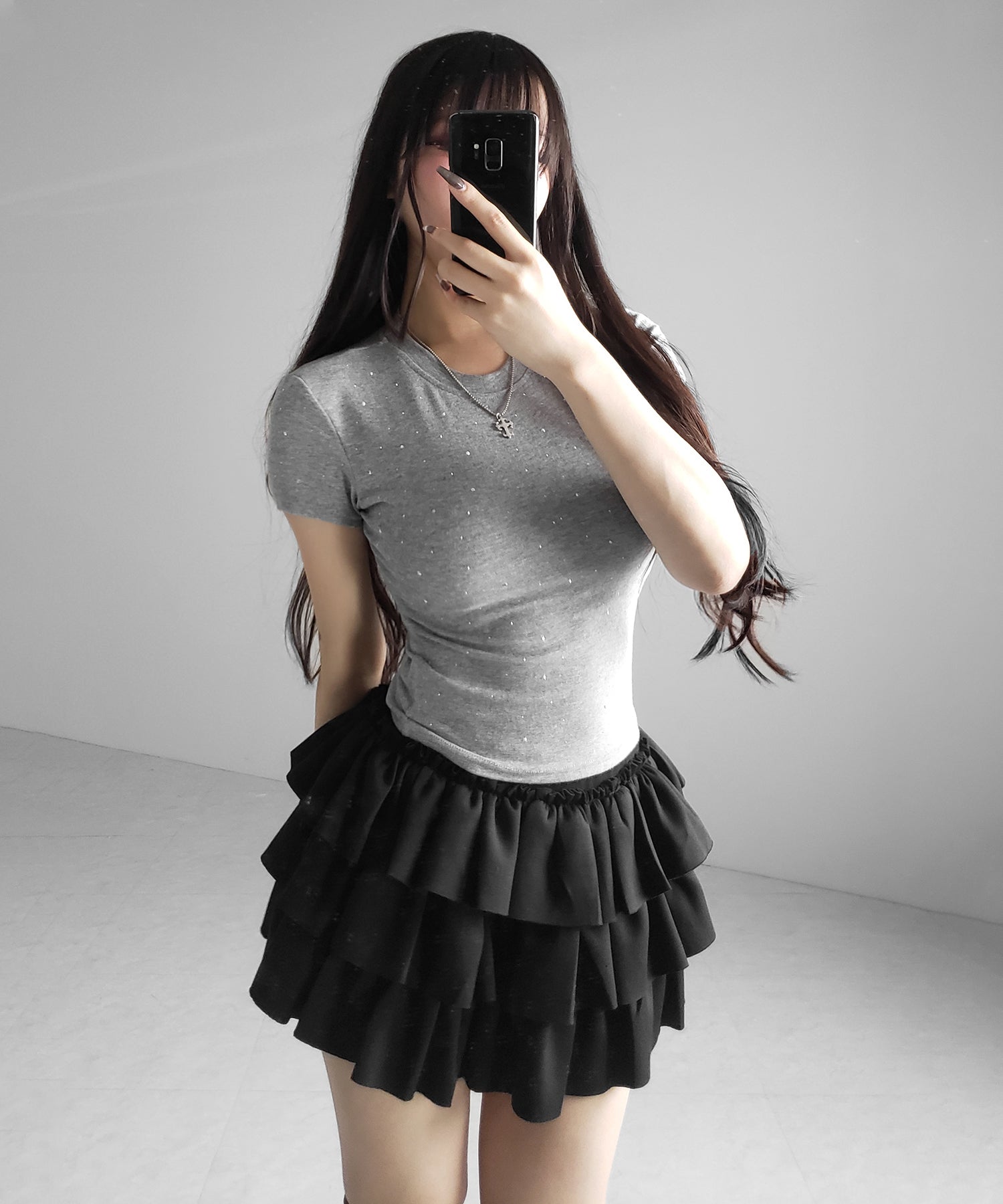 ラインストーン半袖タイトＴシャツ ／ Rhinestone short sleeve tight T-shirt