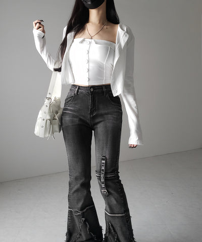 【 2点セット 】フロントボタンベアトップ ＋ クロップドカットソーカーディガン SET ／ front button bare top + cropped cutsaw cardigan SET