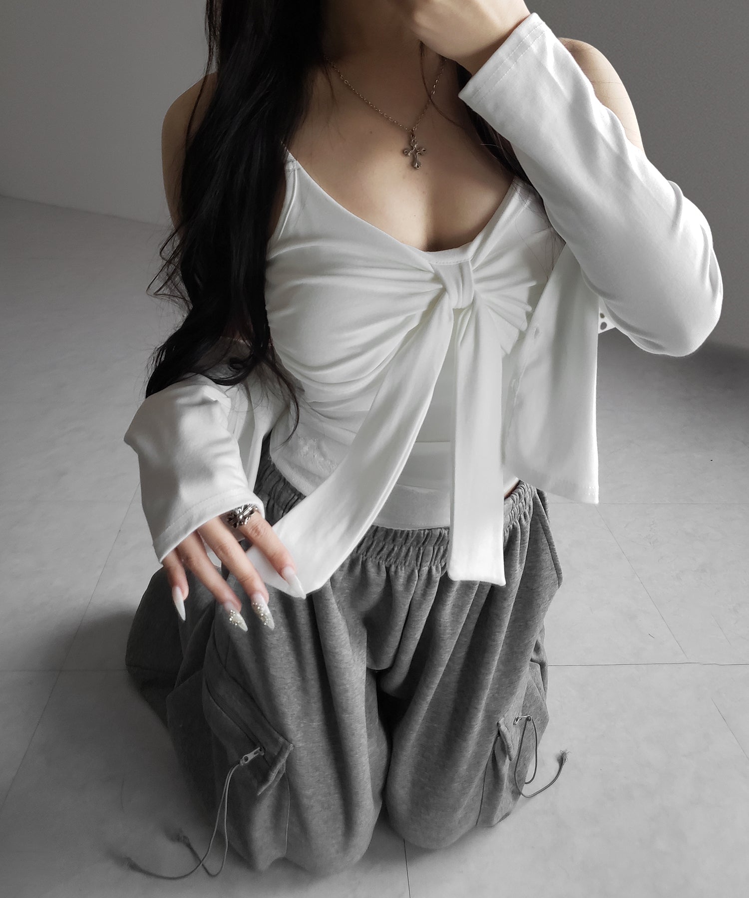 【 ２点セット 】リボンカットソーキャミソール ＋ カーディガンセット ／ribbon cutsew camisole + cardigan SET