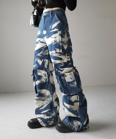 【 ２color ／ ４size 】クラッシュブリーチストレートカーゴデニム ／crash bleach straight cargo denim